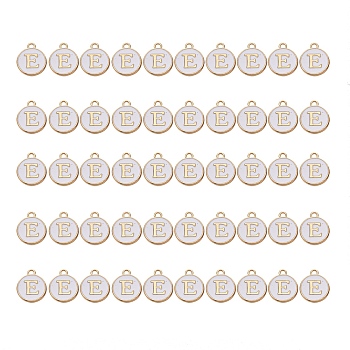 Golden Plated Alloy Charms, with Enamel, Enamelled Sequins, Flat Round, White, Letter.E, 14x12x2mm, Hole: 1.5mm, 50pcs/Box