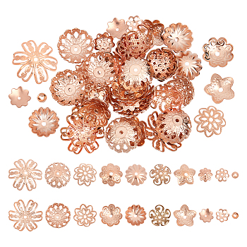 60Pcs 10 Styles 304 Stainless Steel Fancy Bead Caps, Flower & Round & Star, Multi-Petal, Rose Gold, 3~15x1~5mm, Hole: 0.5~1.4mm, 6pcs/style