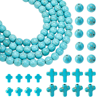 230Pcs 3 Styles Synthetic Turquoise Beads, Dyed, Cross & Round, Turquoise, 8~16x8.5~12x3.5~4mm, Hole: 1~1.5mm
