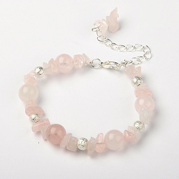 Rose Quartz Bracelets, with Brass Textured Beads and Alloy Lobster Claw Clasps, Silver Color Plated, Rose Quartz, 185mm