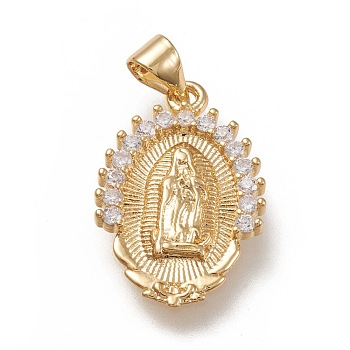 Brass Pendants, with Clear Cubic Zirconia, Oval with Holy Virgin, Clear, Real 18K Gold Plated,  22x14.5x2mm, Hole: 5x3mm