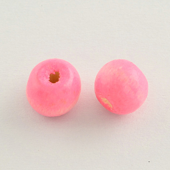 Dyed Natural Wood Beads, Round, Lead Free, Pink, 6x4~5mm, Hole: 2mm, about 13600pcs/1000g