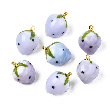 Handmade Porcelain Pendants, with Golden Plated Brass Findings, Famille Rose Style, 3D Strawberry, Lilac, 18~20x13.5~15mm, Hole: 1.6mm
