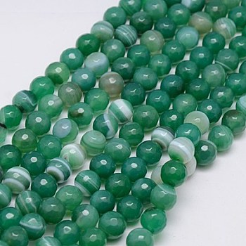 Natural Striped Agate/Banded Agate Beads Strands, Faceted, Dyed, Round, Sea Green, 8mm, Hole: 1mm