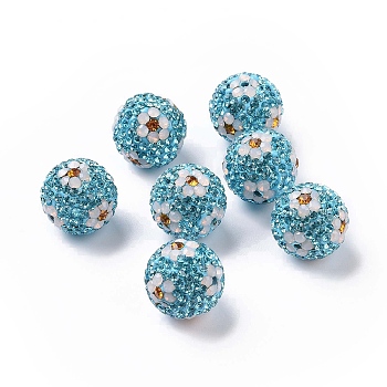 Polymer Clay Rhinestone Beads, Pave Disco Ball Beads, Round with Flower, Aquamarine, 16mm, Hole: 1.6~1.8mm
