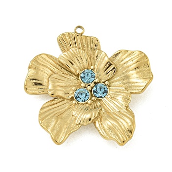 304 Stainless Steel Pendants, with Rhinestone, Flower Charm, Real 14K Gold Plated, Light Sapphire, 26x24.5x4mm, Hole: 1.2mm