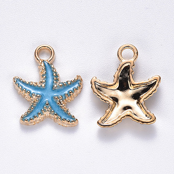 Alloy Enamel Pendants, Starfish, Light Gold, Deep Sky Blue, 18x15x3mm, Hole: 2.5mm