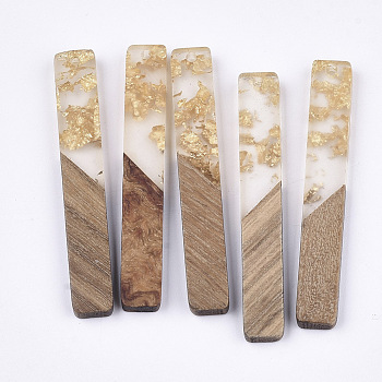 Resin & Walnut Wood Big Pendants, with Gold Foil, Rectangle, Gold, 51.5x7.5x3mm, Hole: 1.8mm