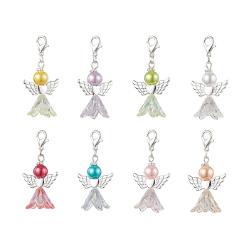 Angel Glass & Glass Pearl Pendant Decorations, Alloy Lobster Clasp Charms for Bag Ornaments, Mixed Color, 46mm, 8 Styles, 1pc/style, 8pcs/set