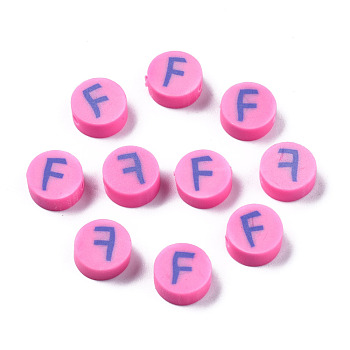 Handmade Polymer Clay Beads, Flat Round with Alphabet, Hot Pink, Letter.F, 9x3.5~5mm, Hole: 1.6mm