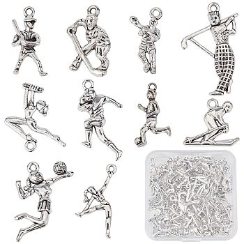 60Pcs 10 Style Tibetan Style Alloy Pendants, Volleyball Player & Hockey Player & Gymnast, Antique Silver, 16~31x11.5~26x2~6mm, Hole: 1~2mm, 6pcs/style