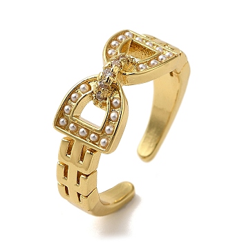 Rack Plating Arch Buckle Brass Micro Pave Clear Cubic Zirconia Open Cuff Rings, with ABS Plastic Imitation Pearl Beads, Long-Lasting Plated, Real 18K Gold Plated, 8mm, Adjustable