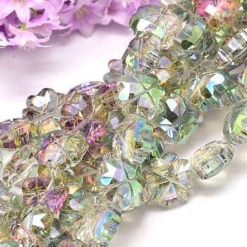 Half Plated Faceted Clover Glass Bead Strands, Green Plated, 17x17x9mm, Hole: 1mm, about 25pcs/strand, 15.7 inch
