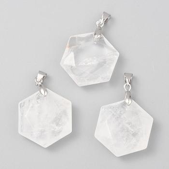 Faceted Natural Quartz Crystal Pendants, Rock Crystal Pendants, with Platinum Tone Brass Findings, Hexagon, 28x25x9mm, Hole: 4x5mm