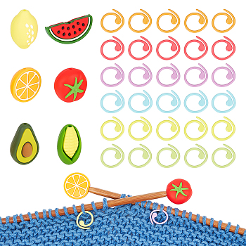 Fruits & Vegetables Silicone Knitting Needle Point Protectors, Knitting Needle Stoppers with Zinc Alloy Stitch Markers, Mixed Color, Stoppers: 13~27x10.5~30x12~16.5mm, Hole: 2mm, 6pcs, Markers: 14.5x1mm, 30pcs