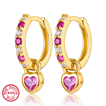 Real 18K Gold Plated 925 Sterling Silver Dangle Hoop Earrings, with 925 Stamp, Heart, Magenta, 14x4mm
