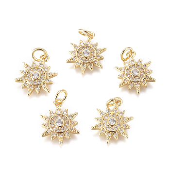 Brass Micro Pave Cubic Zirconia Charms, with Jump Rings, Sun, Clear, Golden, 14x10.8x2mm, Jump Rings: 4.5mm