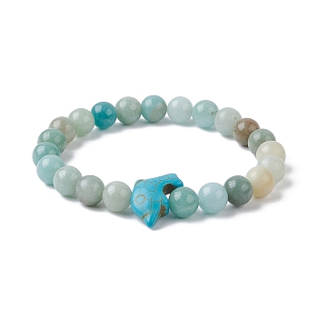 Natural Flower Amazonite & Synthetic Turquoise Dolphin Beaded Stretch Bracelets, Inner Diameter: 2-1/4 inch(5.8cm)