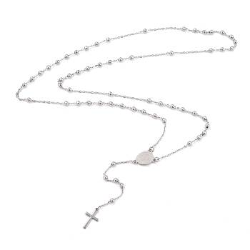 304 Stainless Steel Rosary Bead Necklaces For Religion, with Oval with Virgin Mary Link and Cross Pendants, Stainless Steel Color, 62~63cm