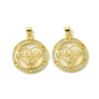 Mother's Day Brass Micro Pave Cubic Zirconia Pendants, Word Mom, Real 18K Gold Plated, 24x21.5x3.5mm, Hole: 5mm