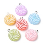 Translucent Resin Flat Round Pendants, Druzy Candy Charms with Platinum Plated Iron Loops, Mixed Color, 20x17x7mm, Hole: 2mm(RESI-A025-03)