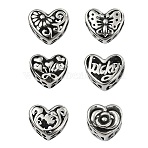 6Pcs 6 Styles 316 Surgical Stainless Steel European Beads, Large Hole Beads, Heart, Antique Silver, 10x11~12x6.5~9mm, Hole: 4mm, 1pc/style(STAS-CJ0002-69)