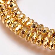 Non-Magnetic Synthetic Hematite Bead Strands, Flat Round, Faceted, Golden Plated, 6x3mm, Hole: 1mm, about 130pcs/strand, 15.7 inch(40cm)(G-G652-31G)