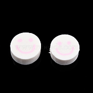 Handmade Polymer Clay Beads, Flat Round with Smiling Face, Pink, 9~10x4mm, Hole: 1.2~1.6mm(CLAY-N011-64-10)