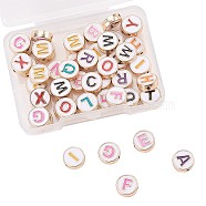 Alloy Enamel Letter Beads, Flat Round with Letter A-Z, Light Gold, White, 10x3.5mm, Hole: 1.4mm, 50pcs/box(ENAM-CJ0001-24)