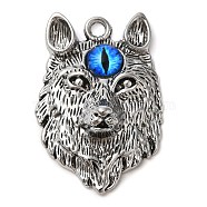 Alloy with Glass Pendants, Wolf Head with Evil Eye Charms, Antique Silver, 43x29x12mm, Hole: 3mm(FIND-G067-04AS)