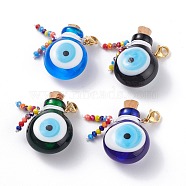 Handmade Evil Eye Lampwork Perfume Bottle Pendant Decorations, with Glass Beads, 304 Stainless Steel Lobster Claw Clasps, Mixed Color, 3.2x2.25cm, Capacity: 0.5~1ml(0.02~0.03fl. oz)(HJEW-JM00615)