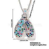 Brass Pave Colorful Cubic Zirconia Letter Pendant Box Chain Necklaces, Platinum, Letter A, 15.75 inch(40cm)(NU0575-27)