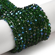 Electroplate Transparent Glass Beads Strands, Faceted, Round, Rainbow Plated, Dark Green, 4mm, Hole: 0.7mm, about 88~95pcs/strand, 12.99~14.06 inch(33~35.7cm)(EGLA-A035-T4mm-L10)