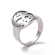 201 Stainless Steel Cross Crown Finger Ring, Hollow Wide Ring for Women, Stainless Steel Color, US Size 6 1/2(16.9mm)(RJEW-J051-48P)