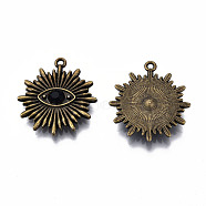 Rack Plating Alloy Pendants, with Jet Rhinestone, Cadmium Free & Lead Free, Flower with Eye, Antique Bronze, 28x25x4.5mm, Hole: 1.5mm(PALLOY-N175-09)