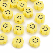 Handmade Polymer Clay Beads, Flower with Smiling Face, Yellow, 9~10x8~9x4~5mm, Hole: 1.4~1.6mm(X-CLAY-N011-011F)