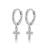 Rhodium Plated 925 Sterling Silver Cross Dangle Hoop Earrings, Huggie Earrings, Platinum, 19.5x11mm(HE1465-2)