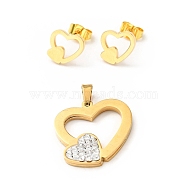 Double Heart Stud Earrings with 316 Stainless Steel Pins and Crystal Rhinestone Pendant, Vacuum Plating 201 Stainless Steel Jewelry Set, Golden, 9x10mm, Pin: 0.7mm, 20.5x20x2.5mm, Hole: 5x3mm(SJEW-F218-03G)