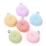 Translucent Resin Flat Round Pendants, Druzy Candy Charms with Platinum Plated Iron Loops, Mixed Color, 20x17x7mm, Hole: 2mm(RESI-A025-03)