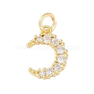 Rack Plating Brass Micro Pave Clear Cubic Zirconia Charms, with Jump Ring, Long-Lasting Plated, Lead Free & Cadmium Free, Moon, Real 18K Gold Plated, 13.5x10x2.5mm, Hole: 3mm(KK-Z060-09G-02)