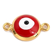 Golden Plated Brass Enamel Links Connectors, Long-Lasting Plated, Flat Round with Evil Eye, Indian Red, 16x10x3.5mm, Hole: 1.5mm(KK-P197-01A-G06)