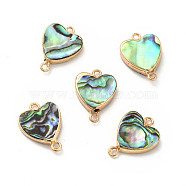 Natural Paua Shell Connector Charms, with Brass Double Loops, Heart Links, Light Gold, 19~20x14~15x3~4mm, Hole: 1.6~1.8mm(PEAR-P004-42KCG)