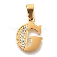 Ion Plating(IP) 304 Stainless Steel Rhinestone Pendants, Letter G, 17~19x10.5~18x2mm, Hole: 6.5x3.5mm(STAS-U035-01G-G)