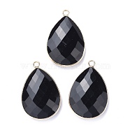 Faceted Natural Black Obsidian Pendants, with Light Gold Plated Brass Edge and Loop, Teardrop, 28.5~29.5x19~20x7mm, Hole: 1.2mm(G-M356-A05-LG)