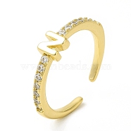 Clear Cubic Zirconia Initial Letter Open Cuff Ring, Real 18K Gold Plated Brass Jewelry for Women, Cadmium Free & Nickel Free & Lead Free, Letter.N, US Size 7 3/4(17.9mm)(RJEW-H120-09G-N)