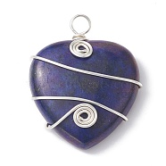 Natural Lapis Lazuli Copper Wire Wrapped Pendants, Heart Charms, Long-Lasting Plated, Silver Color Plated, 37.5~39.5x31~32x9.5mm, Hole: 4mm(PALLOY-JF02148-01)