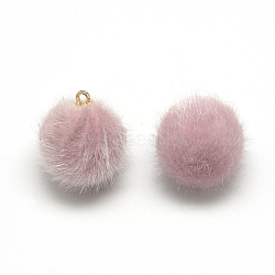 Faux Mink Fur Covered Charms, with Golden Tone Brass Findings, Round, Pink, 17x14~15mm, Hole: 2mm(X-WOVE-S084-37B)