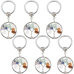 6Pcs Natural/Synthetic Mixed Gemstone Keychain, with Iron Key Rings and Brass Finding, Flat Round with Tree of Life, 65~67mm(KEYC-SC0001-09)