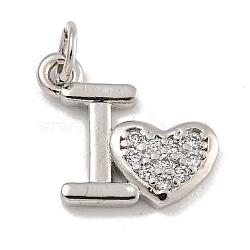 Rack Plating Brass Micro Pave Clear Cubic Zirconia Charms, Lead Free & Cadmium Free, Long-Lasting Plated, Heart & Letter I, Platinum, 10.5x12x2mm, Hole: 3mm(KK-U030-22P)