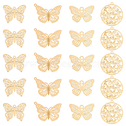 40Pcs 4 Style Rack Plating 201 Stainless Steel Filigree Pendants, Etched Metal Embellishments, Nickel Free, Butterfly & Flat Round, Real 18K Gold Plated, 13.5~22.5x16.5~26x0.4mm, hole: 1~2mm, 10pcs/style(STAS-DC0007-49)
